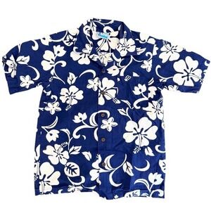 RJC Boys Blue White Hibiscus Floral Hawaiian Aloha Shirt Size 12 Made in Hawaii